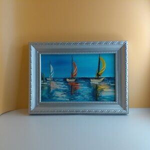 Colorful Sailing Boats, 4x6 Art print within a new silver color Frame